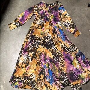 Vibrant Animal & Tropical Print Maxi Dress - Yellow, Black, Purple.